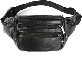 Black Leather Fanny Pack for Men & Women, Fashionable Multi-Pockets Waist Belt Bag for Travel Sports Hiking Cycling Fishing Running