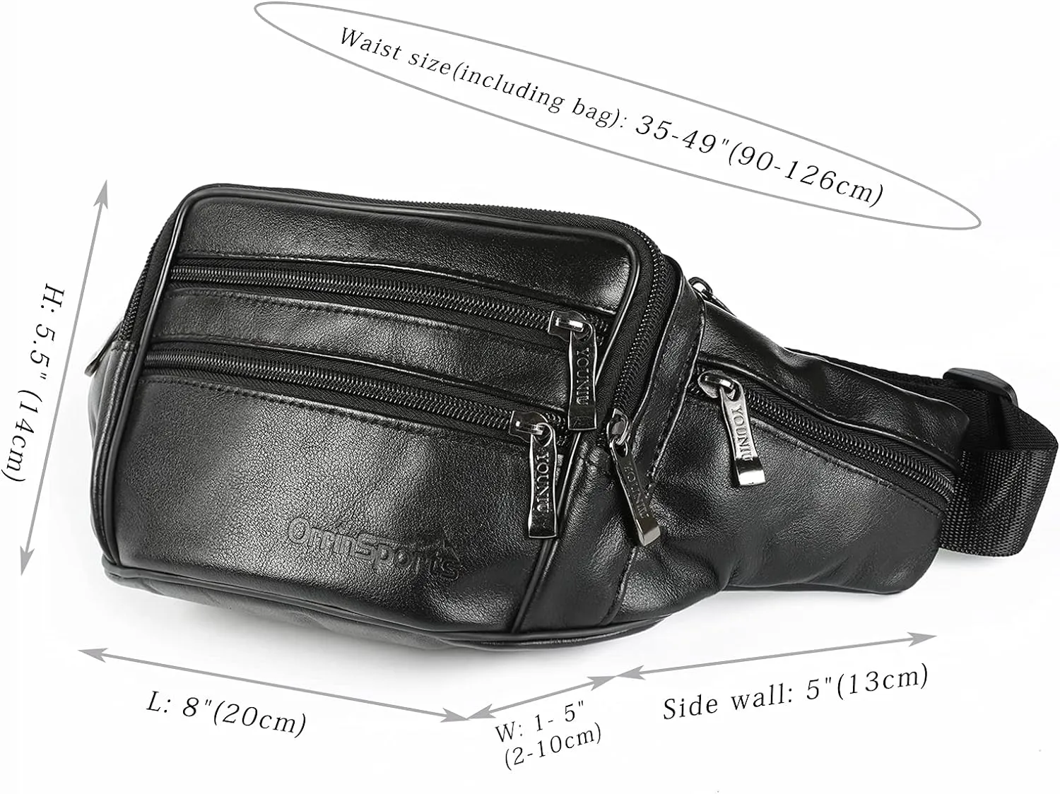 Black Leather Fanny Pack for Men & Women, Fashionable Multi-Pockets Waist Belt Bag for Travel Sports Hiking Cycling Fishing Running