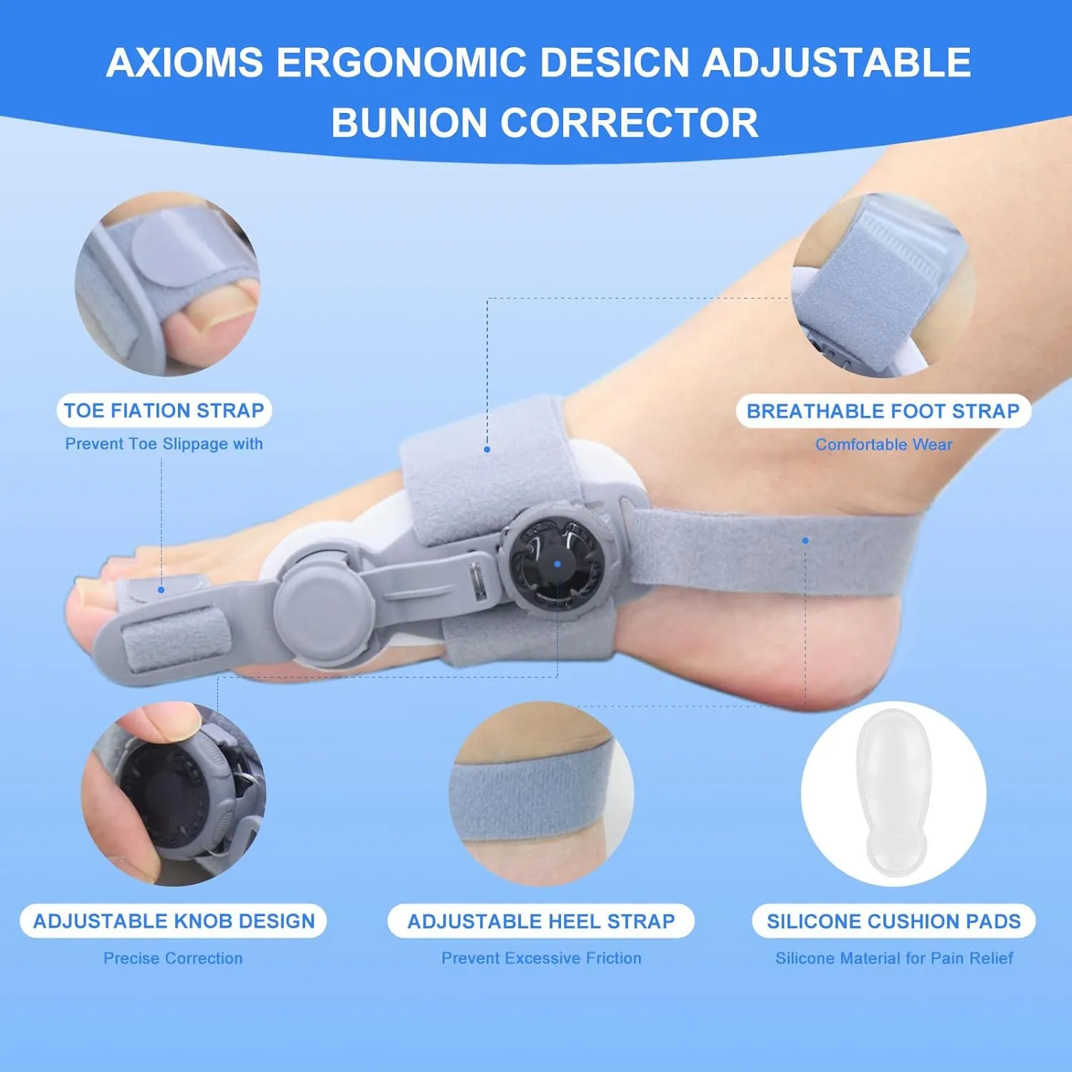 Bunion Corrector for Women & Men,Big Toe Straightener,Bunion Relief with Soft Silicone Pad,Breathable & Anti-slip,Universal Size,Suitable for Left/Right Feet,Gray,1Pack